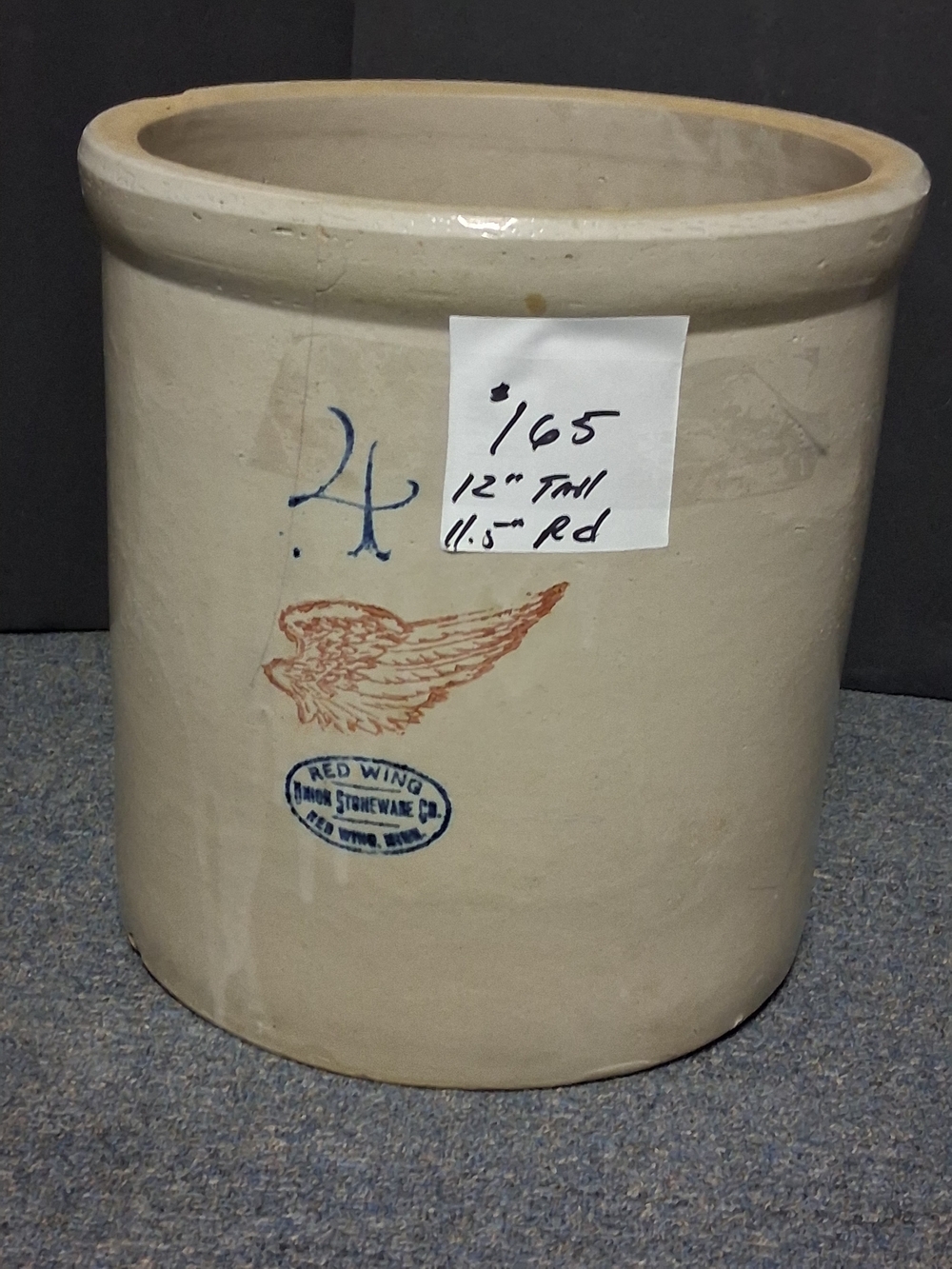 4 Gallon Red Wing Stoneware Co. Vintage Wing Crock - Cream with Red & Blue Accen